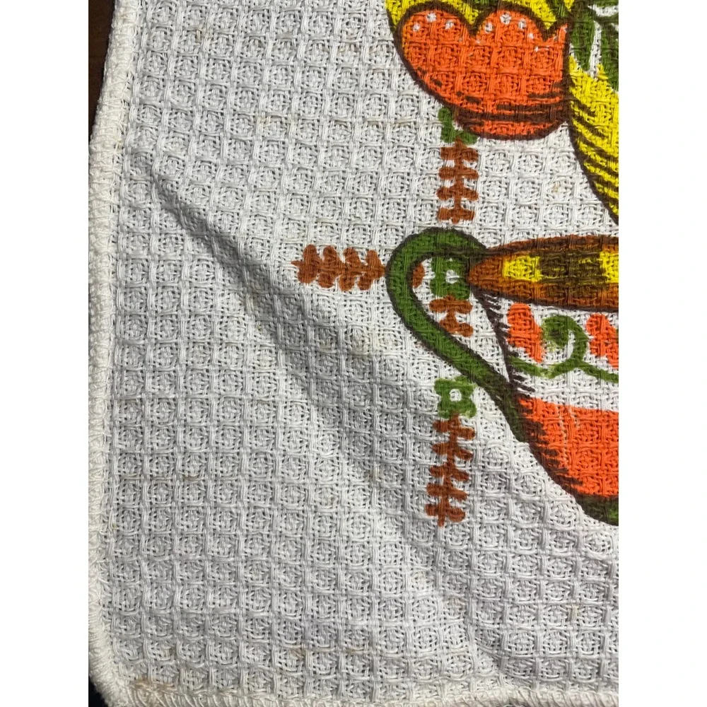 Vintage Leshner Waffle Weave Cotton Kitchen Tea Towel Retro Floral Fruit Orange